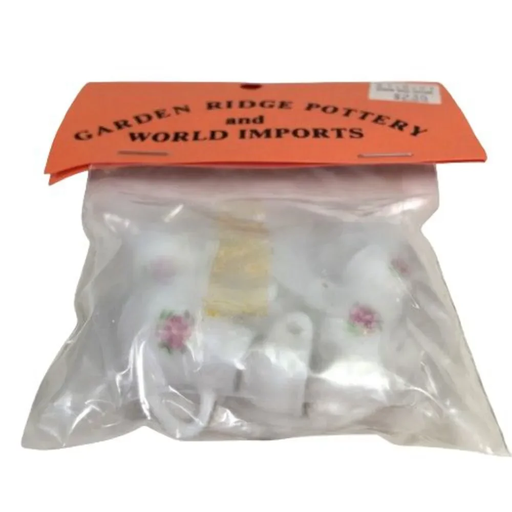 Miniature Dollhouse Tea Coffee Set Pink Rose Cups Saucers Creamer Sugar Tray New